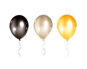 Festive gold, black and silver balloons isolated on white background. Bright balloons for holidays flayers, greeting cards, birthday invitations and other decorations.