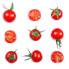Cherry small tomatoes isolated on white background. Set or collection. Top view. Flat lay