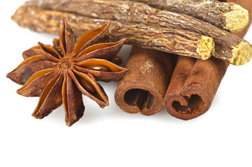 Cinnamon stick Licorice and Star Anise on the white