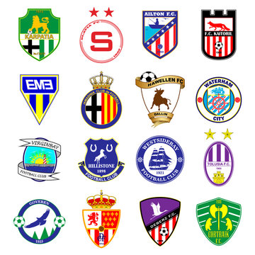 Football team logo. Set. Fictitious football league. 16 different emblems.