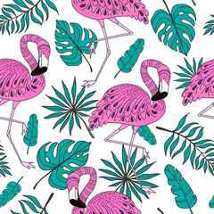 Naklejka premium Seamless pattern with flamingo, exotic leaves. Hand drawn vector tropical elements on white background