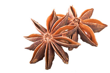Star anise spice fruits and seeds on white