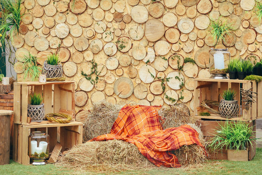 Wooden background photozone with green plants and rustic decorations
