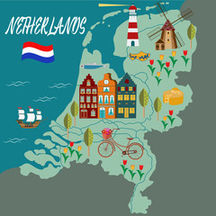 Cartoon Map of Holland with Legend Icons