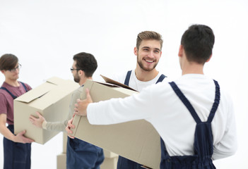 Delivery men with cardboard boxes on white background.