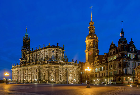 The historical center of the old city of Dresden. Cathedral of the Holy Trinity (Katholische Hofkirche) and Dresden castle. Night scene.Saxony, Germany . 