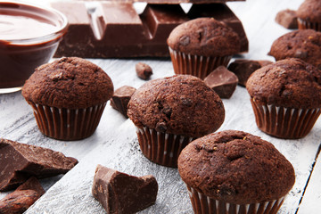Chocolate muffins, homemade bakery on white wooden background