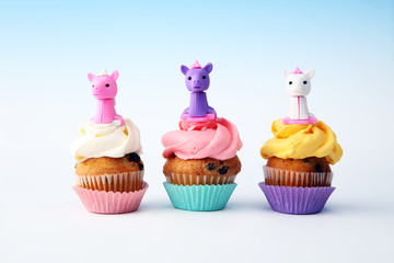 Unicorn cupcakes for a party, birthday or baby shower. bakery dessert concept