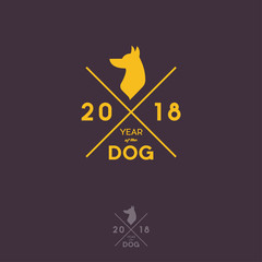  Year of the dog hipster logo. 2018. A silhouette of a dog with letters. Pet products emblem.