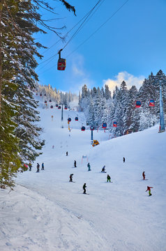 Poiana Brasov, Romania -12 January 2013 : Cable car in Poiana Brasov ski resort, Skiers and snowboarders enjoy the ski slopes in Poiana Brasov winter resort whit forests covered in snow