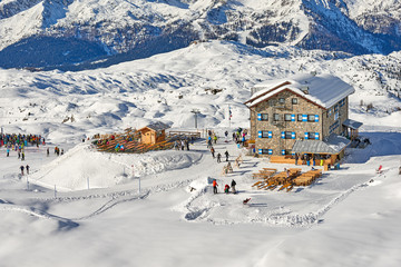 MADONNA DI CAMPIGLIO, ITALY-21 November 2014:Ski resort Madonna di Campiglio.Panoramic landscape of Dolomite Alps in Madonna di Campiglio. Italy - obrazy, fototapety, plakaty