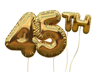 Gold number 45 foil birthday balloon isolated on white. Golden party celebration. 3D Rendering