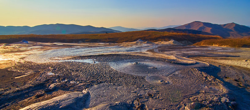 Sunrise in the Muddy Volcanoes National Reservation  in Romania,Berca,Buzau,Vulcanii Noroiosi. Muddy Volcanoes landscape.