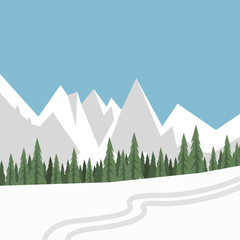 Flat vector landscape with silhouettes of trees, hills and mountains.