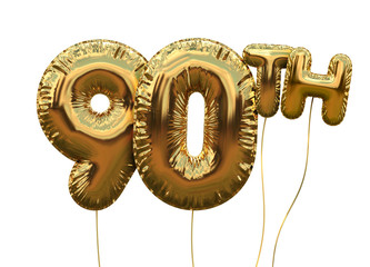 Gold number 90 foil birthday balloon isolated on white. Golden party celebration. 3D Rendering