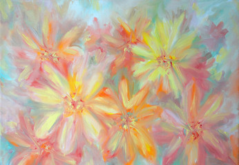 Oil painting on canvas. Artwork. Painting of bright colorful flowers with texture