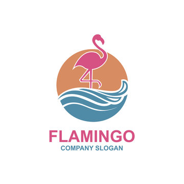 pink flamingo emblem with sun and waves