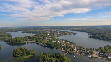 Fototapeta na wymiar Overhead aerial view of Trakai Castle surroundings in Lithuania