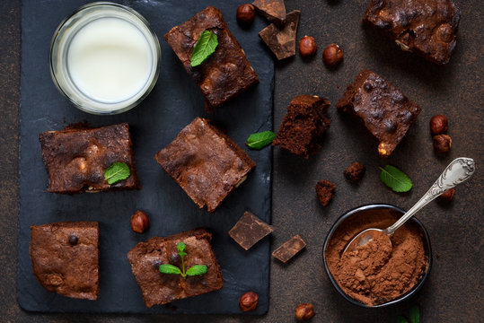 Classical American Dessert - Chocolate Brownie With Nuts.