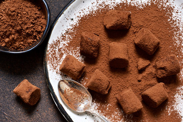 Chocolate truffle with avocado and cocoa powder on a brown background.