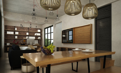 The 3D rendering interior design of loft dining room and living room and Lcd tv