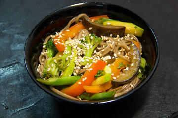 Japanese or Korean or Chinese seafood meal. Noodles