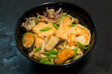 Japanese or Korean or Chinese seafood meal. Noodles. Shrimp.
