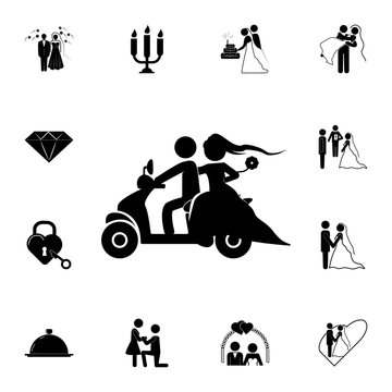 silhouette of a newlywed couple on a scooter icon. Set of wedding elements icon. Photo camera quality graphic design collection icons for websites, web design, mobile app