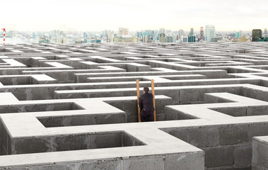 Image of a businessman standing on the stairs in a labyrinth. 3d illustration