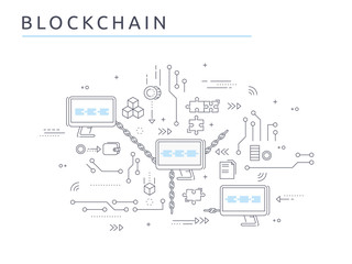 Blockchain technologie process abstract illustration in thin line style. Cryptocurrency vector concept.