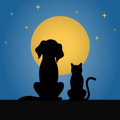 silhouette of a dog and a cat against the background of the moon and a night starry sky