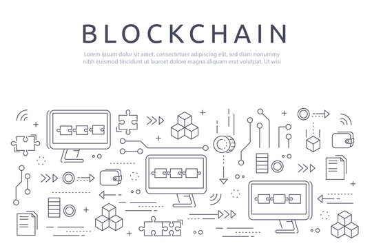 Blockchain technologie process abstract illustration in thin line style. Cryptocurrency vector concept.