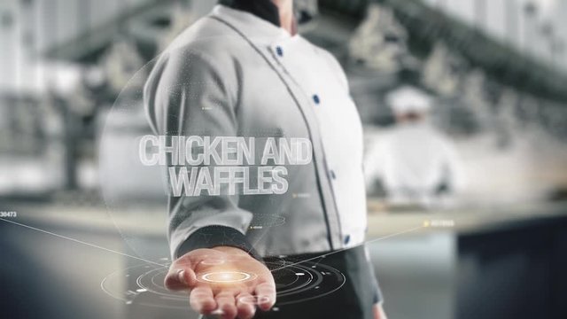 Chef holding in hand Chicken and Waffles
