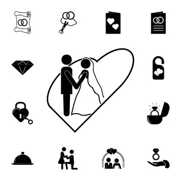 the bride and groom in the heart icon. Set of wedding elements icon. Photo camera quality graphic design collection icons for websites, web design, mobile app