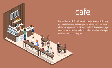 Isometric 3D vector illustration concept of confectionery or canteen with visitors