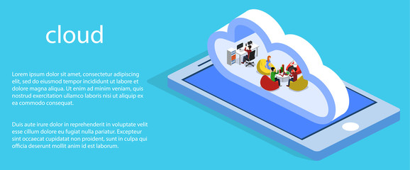 Isometric 3D vector illustration concept of a cloud office with people with a phone. Data processing in the cloud