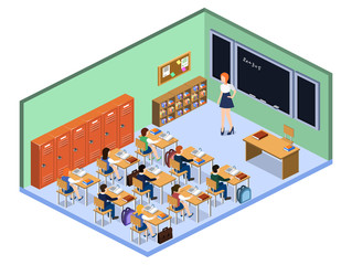 Isometric 3D vector illustration Interior class in school with students