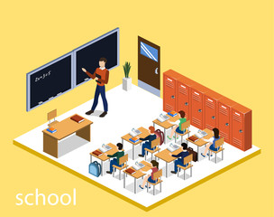 Isometric 3D vector illustration Interior class in school with students