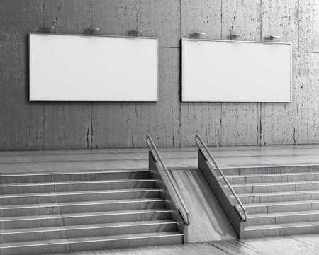 Staircase Leading To Two Empty Billboards On A Granite Wall. Interior. 3d Illustration