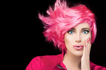 Fashion model girl with stylish dyed pink hair