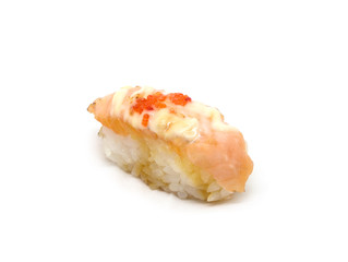 Salmon Sushi with mayongnes sauce on white background, Japanese food
