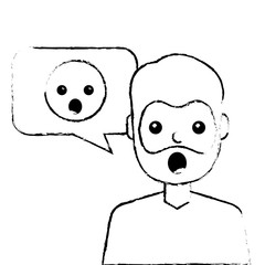 man with surprised emoticon in speech bubble vector illustration sketch design