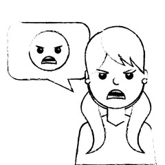 young woman with angry emoticon in speech bubble vector illustration sketch design