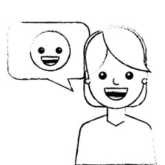 young woman with smile emoticon in speech bubble vector illustration sketch design