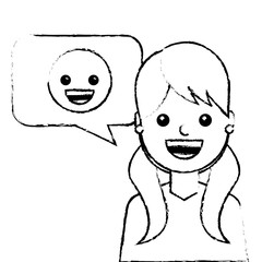 young woman with smile emoticon in speech bubble vector illustration sketch design