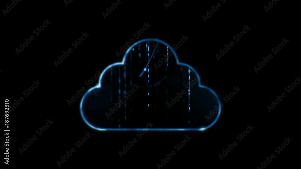 Poster 4K Animation of cloud icon with dot connetion line and binary number falling for computer network big data cyber technology futuristic concept with grain alpha channel render