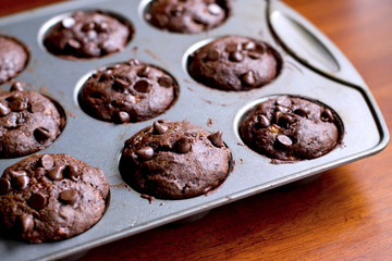 Chocolate Banana Muffins in metal cupcake tin