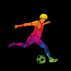 Fototapeta na wymiar Soccer player running and kicking a ball action designed using colorful pixels graphic vector