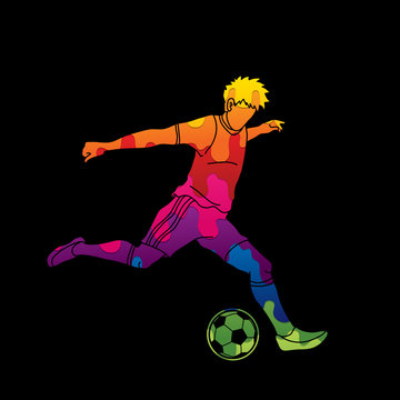 Soccer player running and kicking a ball action designed using colorful pixels graphic vector