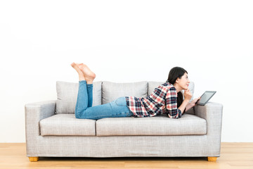 beauty attractive girl holding mobile pad computer